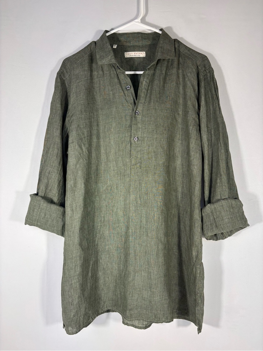 Luca Faloni 100% Linen Shirt Mens 41 16 Olive Green Made Italy Luxury